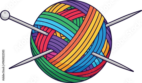 A vibrant rainbow colored ball of yarn with two metallic knitting needles crossed through center