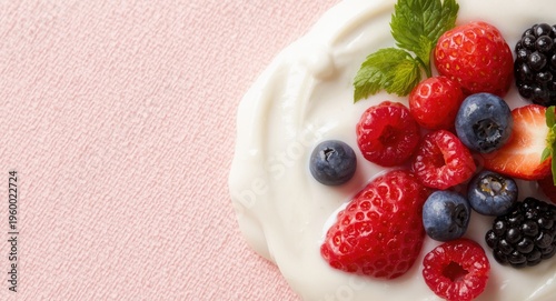 Detailed close up of creamy yogurt decorated with handcrafted berries on a light pink textured surface
