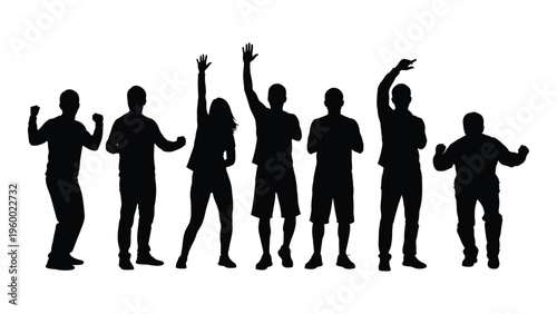 A group of people standing in a row with their arms raised