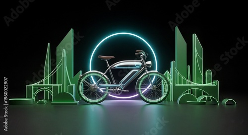 Electric bike displayed with neon cityscape backdrop  