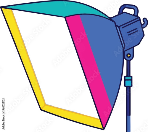 A vibrant digital illustration of a professional photography softbox light on a studio light stand