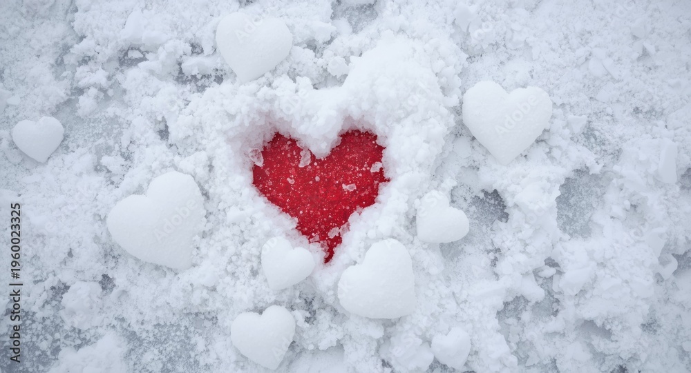 Fototapeta premium Snow covered ground featuring vibrant red heart and multiple white hearts for winter romance