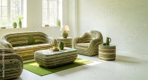 Modern living room with green textured furniture and natural light  