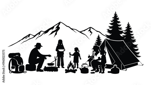 A family camping trip in the mountains with a tent and trees