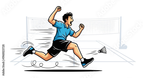 Dynamic illustration of a male badminton player running on the court with a shuttlecock, celebrating a point or intense play.