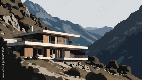 Modern luxury villa on rocky mountain slope with panoramic city view architecture vector illustration