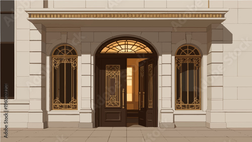 Ornate classical entrance with gold trim open wooden door and decorative columns vector illustration