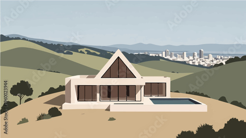 Contemporary A-frame house on sunny hill with swimming pool and distant city panorama vector illustration