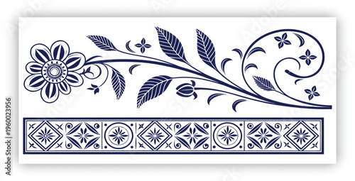 Traditional Chinese porcelain floral pattern, cobalt blue and white color palette, intricate flowers and vines, seamless decorative pattern set, square tiles, circular plate frame with greek key borde