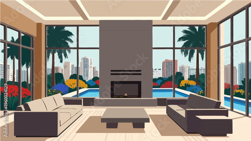 Cozy modern living room with fireplace large windows sofa and tropical city view vector illustration