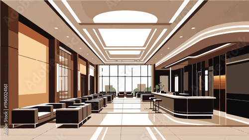 Modern corporate office lobby with reception desk dark furniture and city view vector illustration