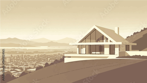 Contemporary A-frame house on hill with large glass windows and mountain view vector illustration