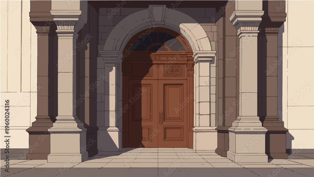 Fototapeta premium Classical stone building entrance with arched wooden door and columns vector illustration