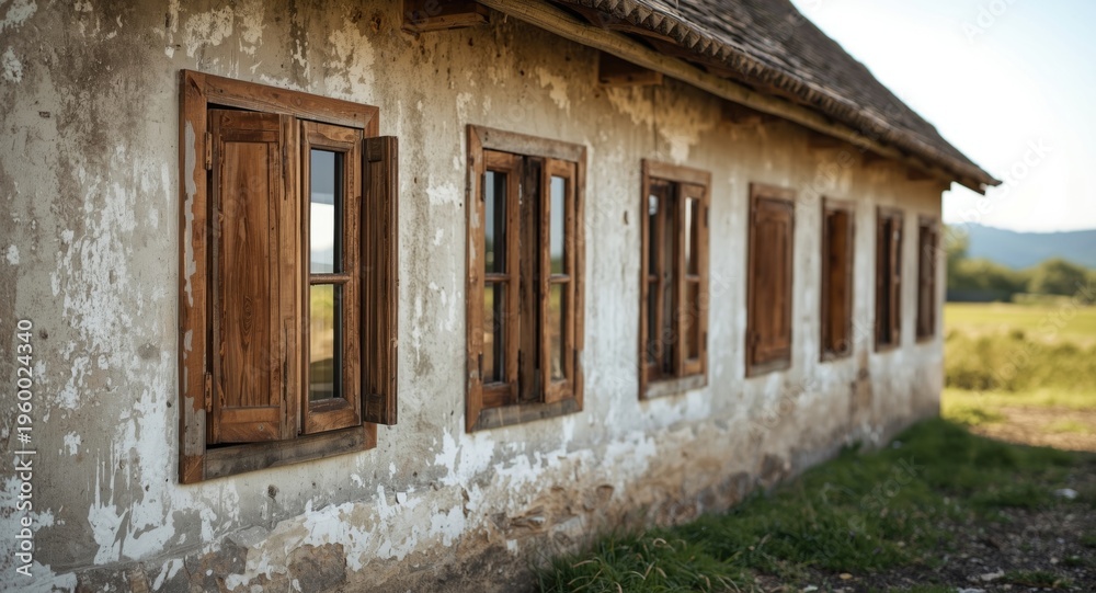 Obraz premium Handmade wooden window structures on a peaceful cottage wall