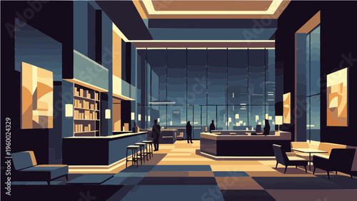 Modern corporate lobby interior with large windows reception and night city view vector illustration