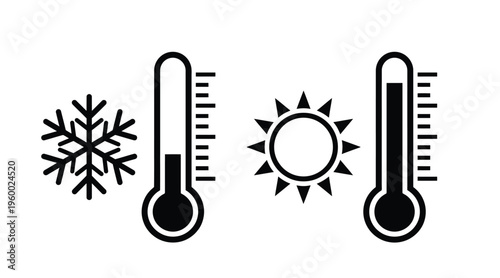Minimalist weather thermometer icons, hot and cold temperature indicators with sun and snowflake, black vector climate symbols for mobile apps