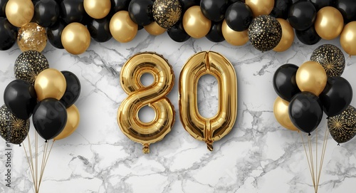 Luxurious 80th birthday balloons in black and gold positioned on a marble backdrop with generous copy space
