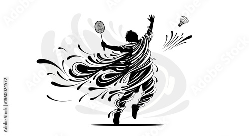 A dynamic black and white graphic illustration of a badminton player in action, with flowing lines and splatters depicting motion and energy.