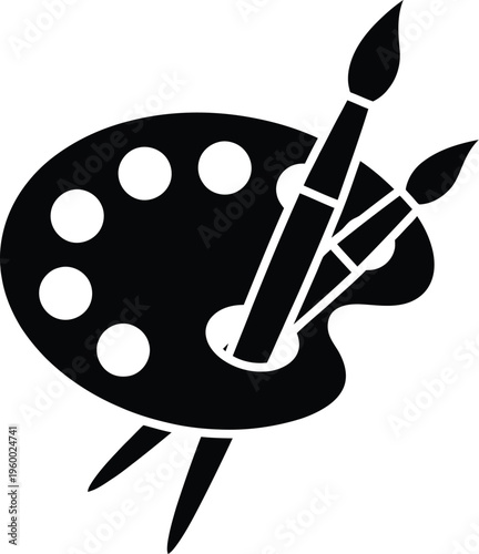Artist palette and paint brushes vector icon, black silhouette of painter tools for creative studio, minimalist art supplies graphic