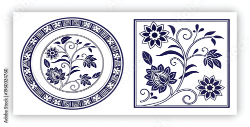 Traditional Chinese porcelain floral pattern, cobalt blue and white color palette, intricate flowers and vines, seamless decorative pattern set, square tiles, circular plate frame with greek key borde
