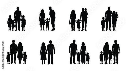 Black silhouettes of people in various family groups