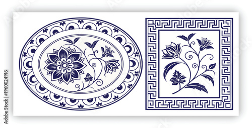 Traditional Chinese porcelain floral pattern, cobalt blue and white color palette, intricate flowers and vines, seamless decorative pattern set, square tiles, circular plate frame with greek key borde
