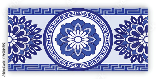 Traditional Chinese porcelain floral pattern, cobalt blue and white color palette, intricate flowers and vines, seamless decorative pattern set, square tiles, circular plate frame with greek key borde