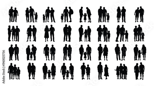 A collection of black silhouettes of people in various poses and outfits