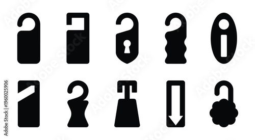 Hotel door hanger icon set, black silhouette door tag collection for hospitality and travel, 10 vector door knob sign symbols for room service