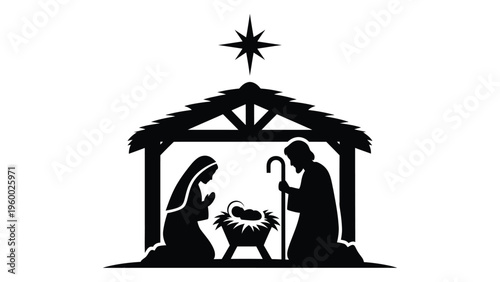 A silhouette of mary joseph and baby jesus in a manger