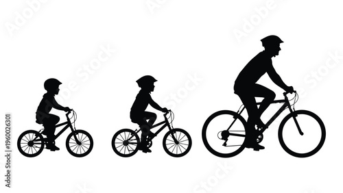 Silhouettes of people riding bicycles of different sizes