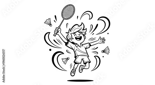 Energetic cartoon boy happily jumping and playing badminton with a racket and shuttlecocks, black and white illustration.