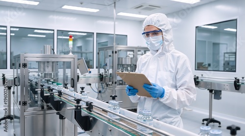Pharmaceutical worker in protective cleanroom suit inspecting production line. Quality control inspector with clipboard next to conveyor belt with medicine vials in sterile laboratory
