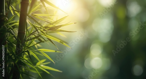 Natural light casting soft highlights on bamboo leaves with gentle blurred backdrop for serene themes copy space