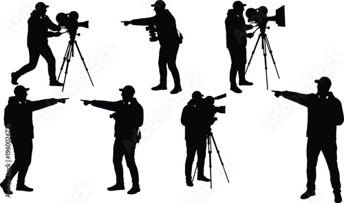 Film director silhouette, cinematographer pose, vintage camera, movie production, filmmaking art, stage direction, video shoot, creative industry, cinema, performance