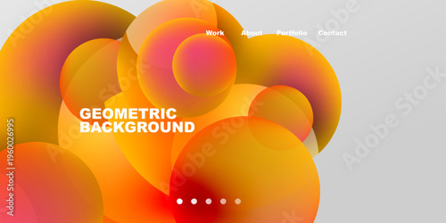 Abstract geometric shapes overlap, creating vibrant orange, yellow hues. Minimalist design with text elements, navigation options present.