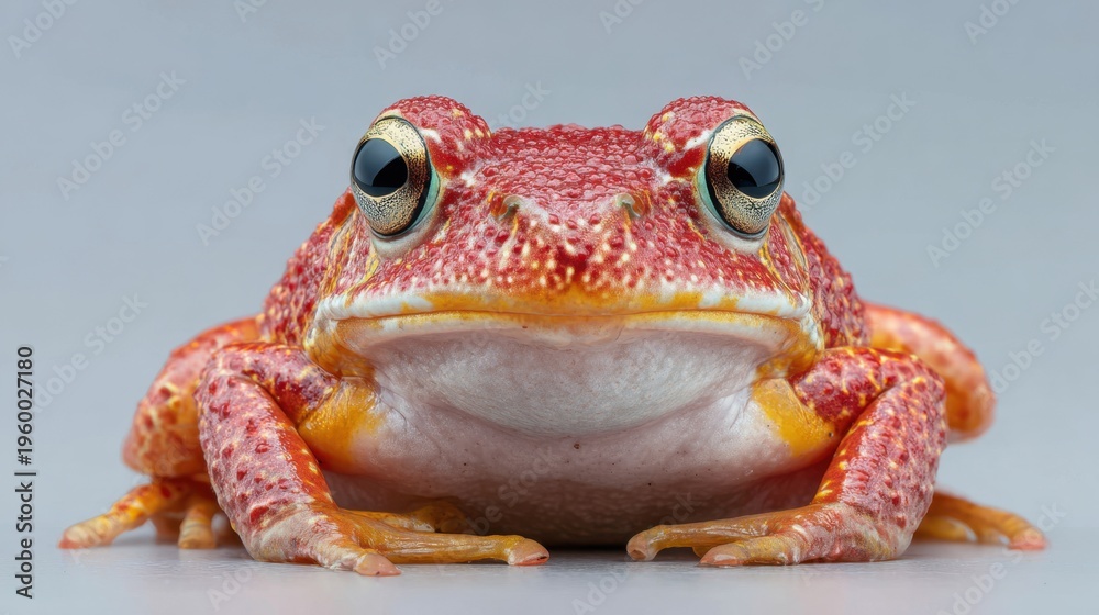 Fototapeta premium Colorful frog facing camera on neutral studio surface
