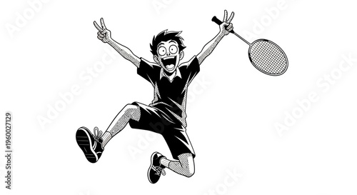 Excited manga character jumping with a badminton racket and making a peace sign, celebrating a victory or a fun game in black and white.