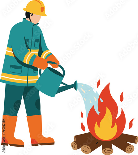 Firefighter extinguishing campfire with watering can, safety illustration, emergency response, protective gear, cad drawing flat vector illustration