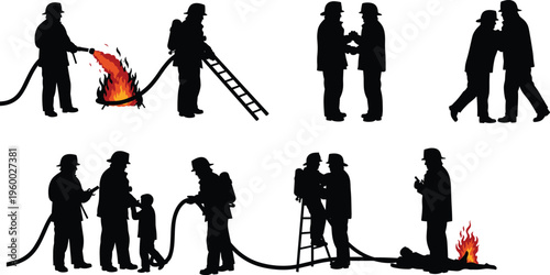 Firefighters silhouettes in action, rescue operations, teamwork, safety, emergency response, community service, ladder climbing, fire hose, helping people – flat vector illustration
