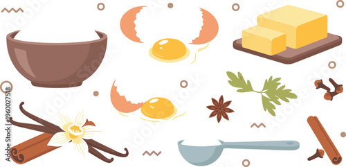 Baking ingredients illustration set with eggs butter vanilla cinnamon and kitchen utensils in modern flat style isolated on white background
