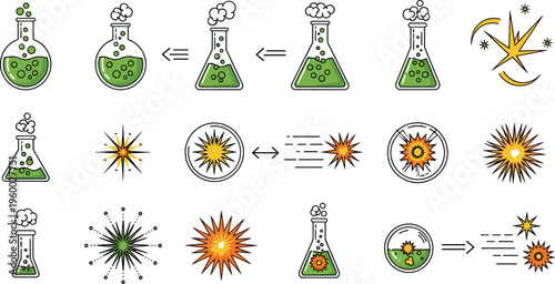 Chemical reaction process vector set with laboratory flasks explosions energy bursts and transformation steps isolated on white background