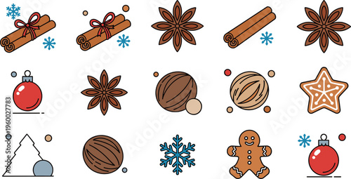 Christmas spice icon set with cinnamon star anise nutmeg gingerbread and holiday decorations in cute flat design isolated on white background