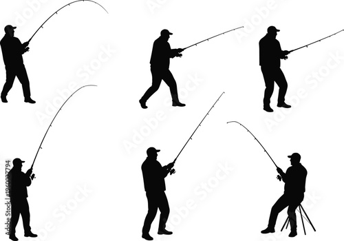 Fishing silhouette, fisherman with rod, casting line, reeling fish, outdoor hobby, angler posture, sport fishing, lake fishing, river fishing, leisure activity