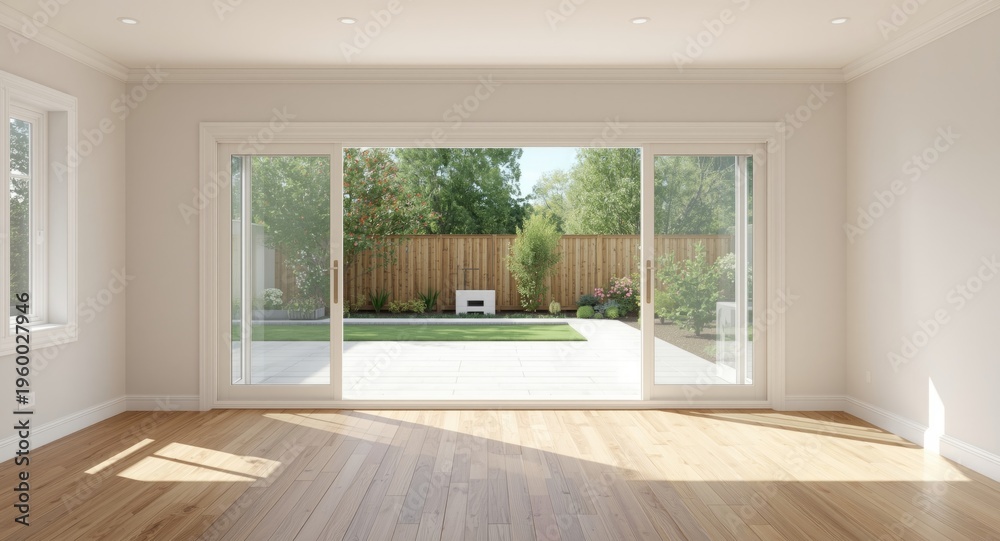Fototapeta premium Bright and airy living room with sliding glass doors opening to outdoor patio and backyard copyspace for text