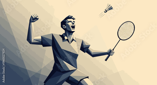 A dynamic illustration of a male badminton player celebrating a successful shot with a racket and shuttlecock in a stylized, monochromatic art style.