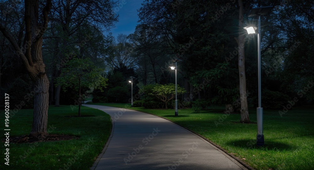 Fototapeta premium Pathway in a park lit by solar powered eco friendly street lamps