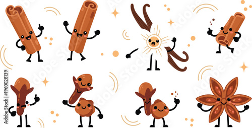 Cute spice characters set with cinnamon vanilla cloves and star anise kawaii cartoon style isolated on white background