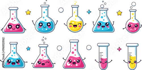 Cute laboratory flask characters set with smiling beakers test tubes and colorful chemical liquids in kawaii cartoon style isolated on white background