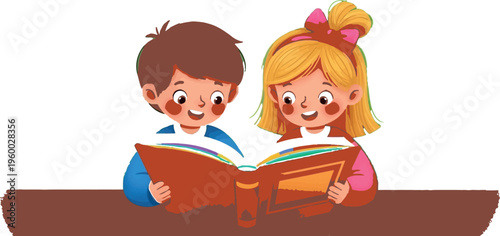 Two happy children reading a book together